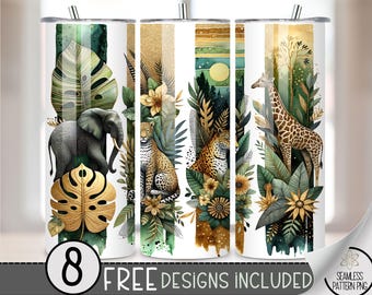 Jungle Animals Tumbler Wrap, Safari Theme 20oz Skinny Tumbler Sublimation Design, Rainforest Graphic Tumbler Wrap File PNG, Leopard PNG, A48