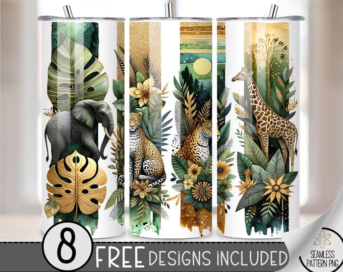 Jungle Animals Tumbler Wrap, Safari Theme 20oz Skinny Tumbler Sublimation Design, Rainforest Graphic Tumbler Wrap File PNG, Leopard PNG, A48