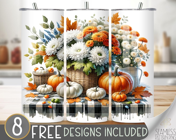 Autumn Vibes Tumbler Wrap, Fall Vibes Sublimation Design, Basic Fall Girl 20 oz Tumbler File, Thankful Black Gingham Pumpkin Spice Tumbler