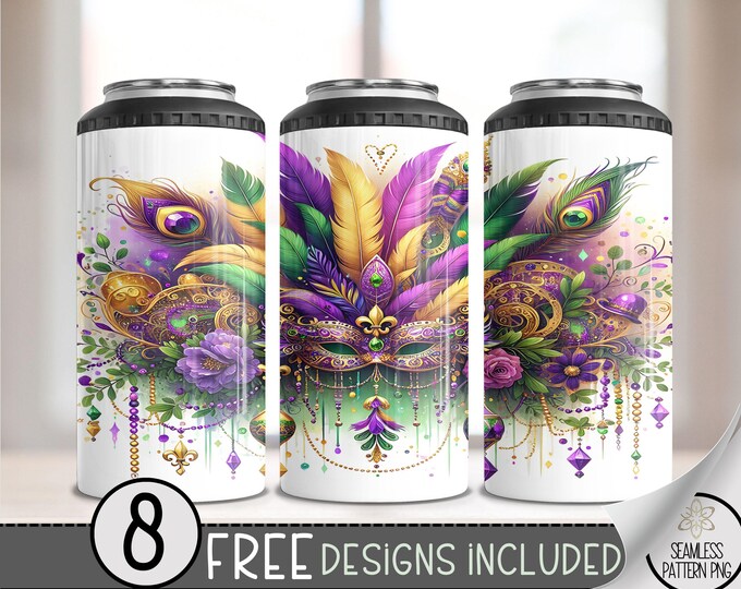 Mardi Gras Dreamcatcher 4 in 1 Can Cooler Wrap, Fleur de Lis 4 in 1 Tumbler PNG, Seamless Carnival Mask 16 Oz Can Cooler Sublimation Design
