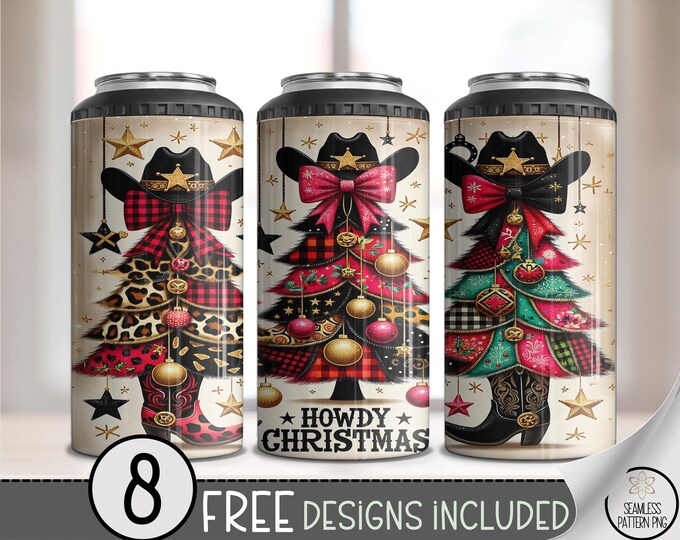 Festive Western 4in1 Can Cooler Wrap, Cowboy Hats & Stars Sublimation Design, Christmas Trees Design, Western Holiday File A566