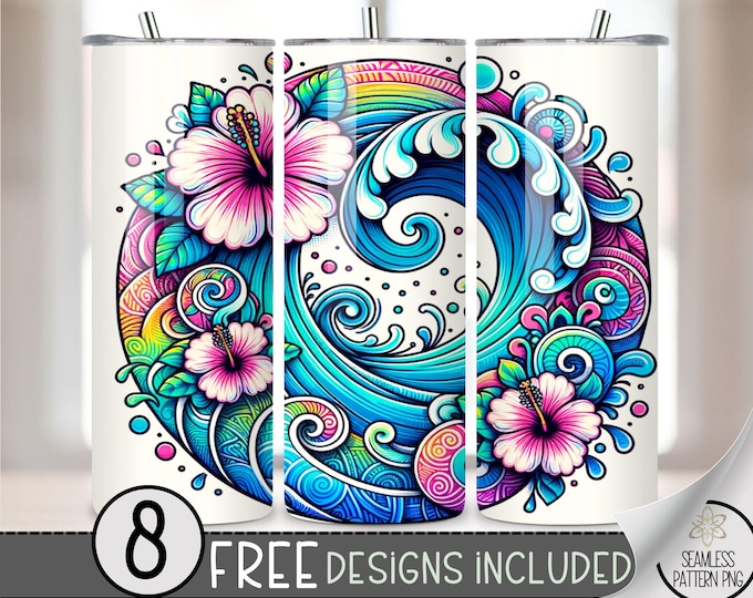 Hibiscus Mandala Tumbler Wrap, Ocean Wave Hibiscus Sublimation Design, 90s Retro 20oz Straight Tumbler Wrap, Self Love Tumbler File A119