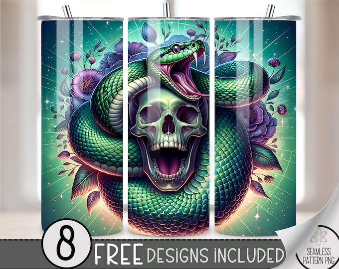 Gothic Skull And Floral Tumbler Wrap, Flower Snake 20oz Skinny Tumbler Sublimation Design, Striking Snake Tumbler Wrap File Scull PNG