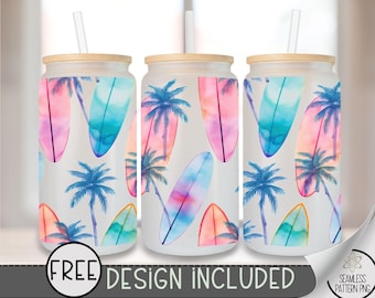 Tropical Surfboard Glass Can Wrap PNG, 16 oz Sublimation Design with Palm Trees, Beach Summer Drink Wrap for Glass Can Tumbler Crafts, A287