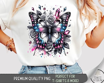 Cosmic Butterfly Shirt PNG, Jewel and Rose Sublimation Design, Pink Blue Galaxy Tee Graphic, Feminine Shirt Sublimation File, A324
