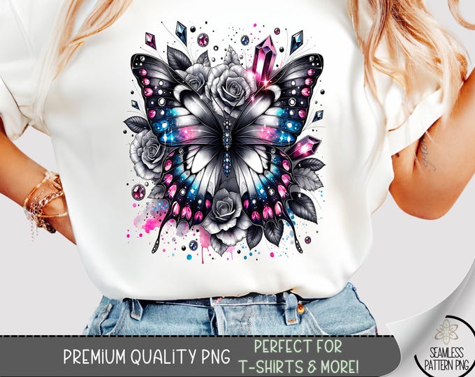 Cosmic Butterfly Shirt PNG, Jewel and Rose Sublimation Design, Pink Blue Galaxy Tee Graphic, Feminine Shirt Sublimation File, A324