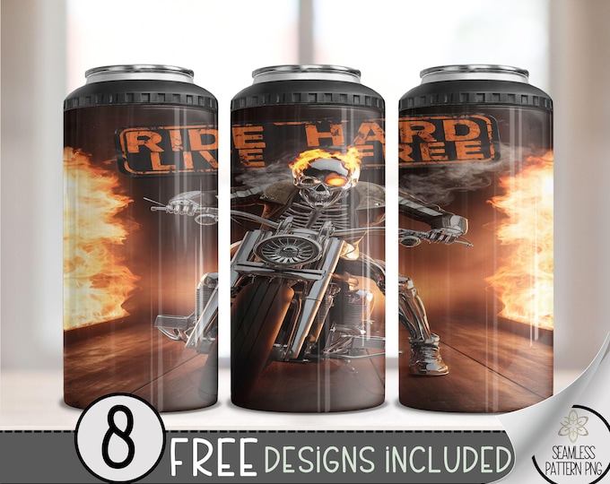 Motorcycle Can Cooler Wrap, Flaming Skull 16 oz 4-in-1 Cooler Sublimation, Biker Design File, Chrome Skeleton Can Cooler PNG Wrap, Ride Free