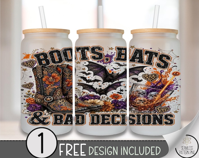 Halloween Western Glass Can Wrap, Boots Bats Bad Decisions 16oz Sublimation Design PNG File, Digital Download, B10440