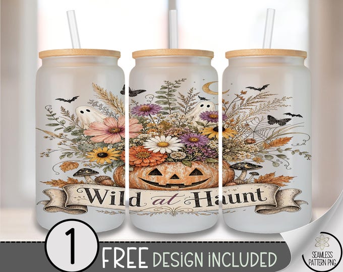 Halloween Pumpkin Floral Glass Can Wrap, Spooky Wildflower 16oz Tumbler Sublimation Design, Digital Download, B10418