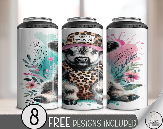 I Could Be Meaner PNG, Funny Highland Cow 4in1 Can Cooler Wrap, Boho Sarcastic Sublimation Design, Sassy Farmhouse Animal File A501