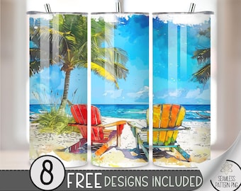 Watercolor Palm Tree Vacation Tumbler Design Wrap PNG, Beach Tumbler Wrap PNG, Sublimation Tumbler Wrap, Beach Chair Design Digital Download