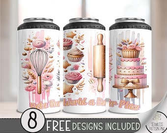Bake The World A Better Place 4in1 Can Cooler Wrap, Cake 16oz Stubby Can Design, Baker 4 in 1 Tumbler Png, Dessert Hard Can Wrap, Cookie A43