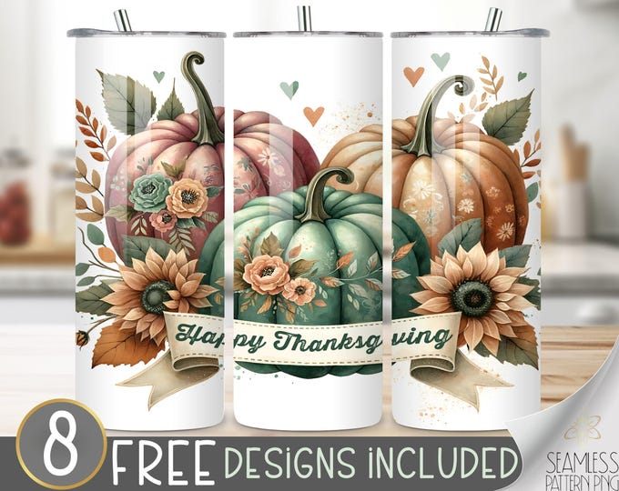 Happy Thanksgiving Tumbler Wrap, Fall Thanksgiving Skinny Tumbler Wrap, Autumn Floral 20oz Tumbler Wrap, 3 Toile Pumpkin Boho Tumbler Wrap