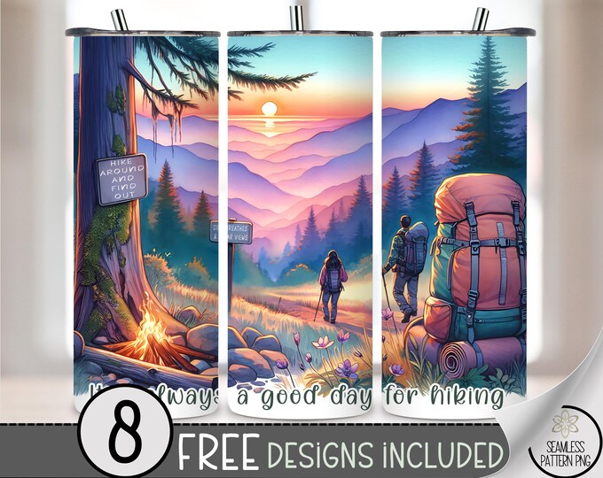 Hiking Tumbler Wrap PNG, 20 oz Skinny Wrap for Hikers, Sunset Mountain Sublimation Design, Backpacking Adventure Cup Wrap File, A285