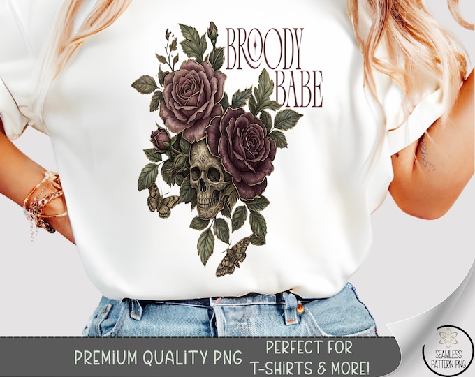 Broody Babe Skull T-Shirt PNG, Gothic Rose Sublimation Design, Digital Download, B10491