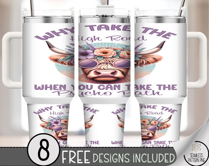 40oz Funny Highland Cow Tumbler Wrap, Psycho Path Saying PNG, Floral Boho Cow Sublimation Design, Sassy Humor Tumbler Wrap, A375