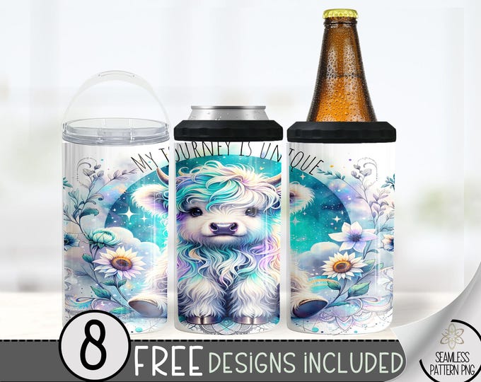 Highland Cow Can Cooler Design, Affirmation Sublimation Design, Watercolor Cow 4 In 1 Can Cooler, 16 oz Boho Ethereal Can Holder Design