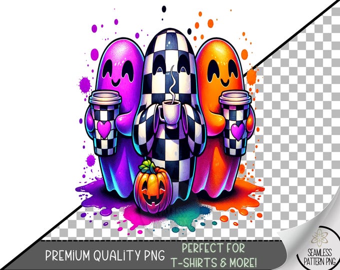 Cute Colorful Ghost Coffee PNG, Halloween Checkered Ghosts with Pumpkin, Bright Fall Sublimation Design for T-Shirts & More, A370