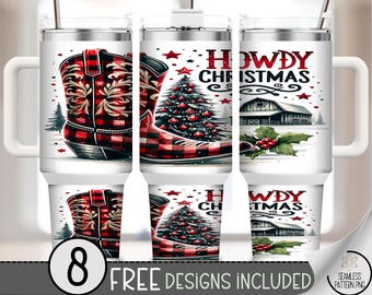 Howdy Christmas 40 oz tumbler wrap, Buffalo Check Sublimation Design, Plaid Cowboy Boots 40oz Tumbler Design with Western Charm A683
