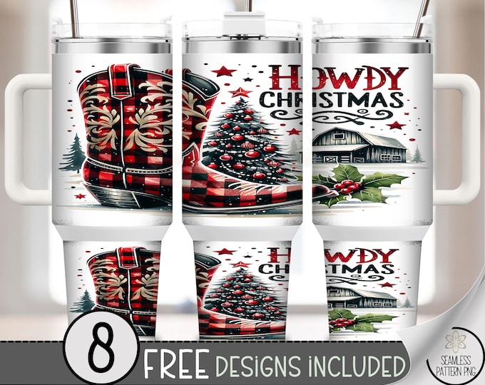 Howdy Christmas 40 oz tumbler wrap, Buffalo Check Sublimation Design, Plaid Cowboy Boots 40oz Tumbler Design with Western Charm A683