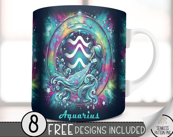 Aquarius 11Oz Mug Template, Coffee Mug Png, 11 Oz Mug Wrap, Zodiac Mug, Astrology Mug Sublimation Designs, Seamless Zodiac Sign, Tie Dye Png
