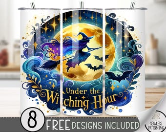 Witch Tumbler Wrap 20 Oz Skinny Tumbler Sublimation Designs, Halloween Horror Tumbler Wrap PNG, Sparkle Wiccan Bats Tumbler Design