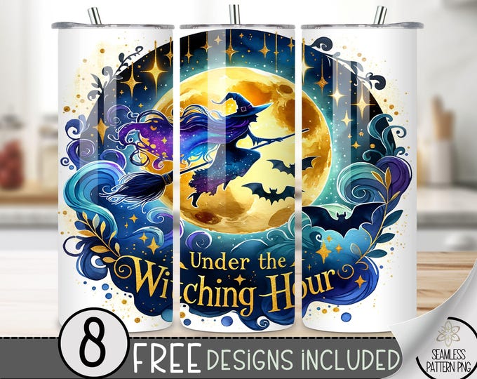 Witch Tumbler Wrap 20 Oz Skinny Tumbler Sublimation Designs, Halloween Horror Tumbler Wrap PNG, Sparkle Wiccan Bats Tumbler Design