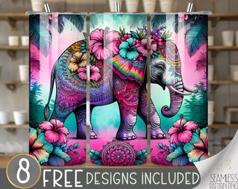 Hibiscus mandala tumbler wrap, tropical elephant sublimation design,  elephant 20oz skinny tumbler wrap PNG, neon elephant instant download