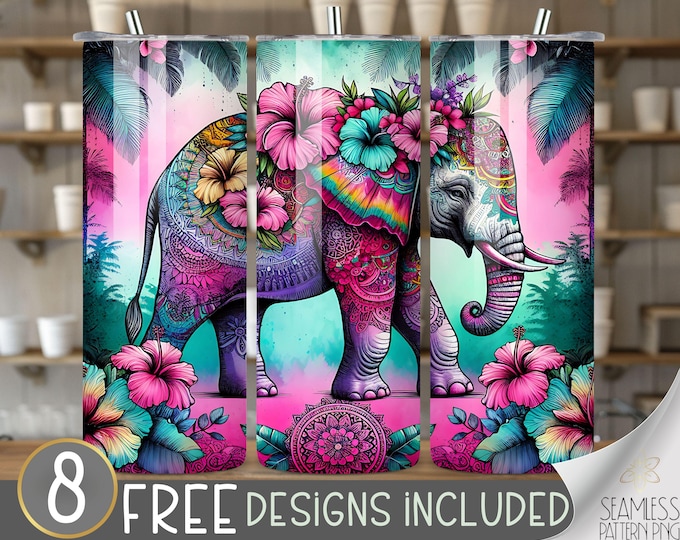 Hibiscus mandala tumbler wrap, tropical elephant sublimation design,  elephant 20oz skinny tumbler wrap PNG, neon elephant instant download