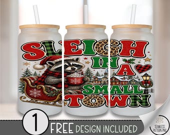 Christmas Raccoon Glass Can Wrap, Sleigh Holiday 16oz Tumbler Sublimation Design, Buffalo Plaid PNG File, Digital Download, B10502