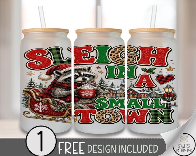 Christmas Raccoon Glass Can Wrap, Sleigh Holiday 16oz Tumbler Sublimation Design, Buffalo Plaid PNG File, Digital Download, B10502