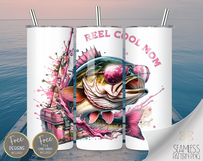 Reel Cool Mom PNG 20 oz Straight Tumbler Wrap Sublimation, Powder Pink Skinny Tumbler Design Files, Bass Fish Camo Image Instant Download