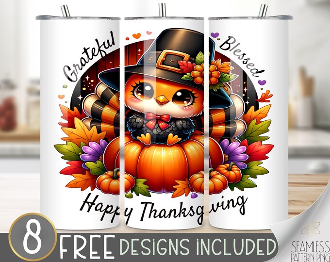 Thanksgiving turkey tumbler wrap, Thanksgiving tumbler design, Cute Turkey 20 oz tumbler wrap, Thankful tumbler PNG,Cute Turkey tumbler file