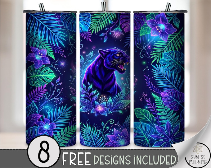 Black Panther Roaring, Tropical Jungle Sublimation Design, 20 oz Tumbler Wrap, Digital Download, B10476