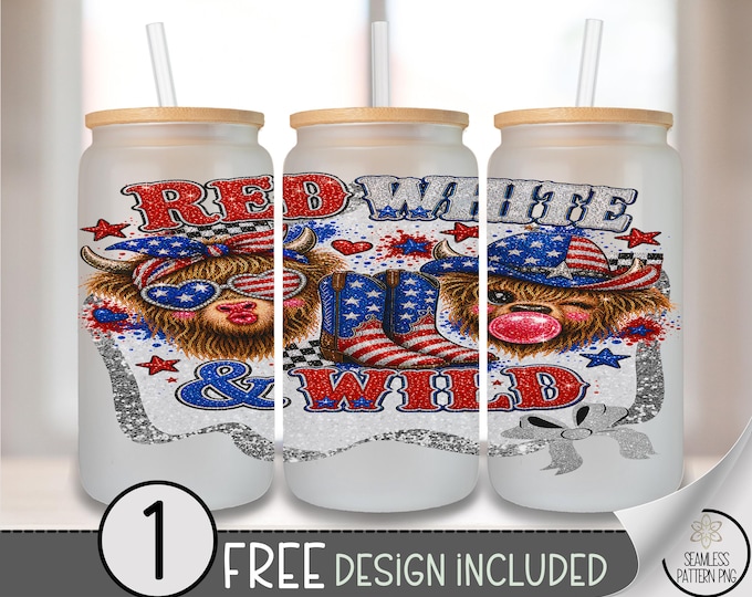 Fourth of July Glass Can Wrap, Red & Wild 16oz Tumbler Sublimation Design, Americana PNG File, B10270