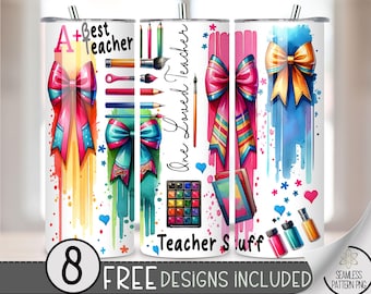 Teach Inspire Tumbler Wrap PNG, Rainbow Coquette Bow 20 oz Skinny Tumbler Sublimation Design, Teacher Positive Affirmation Tumbler PNG, A144