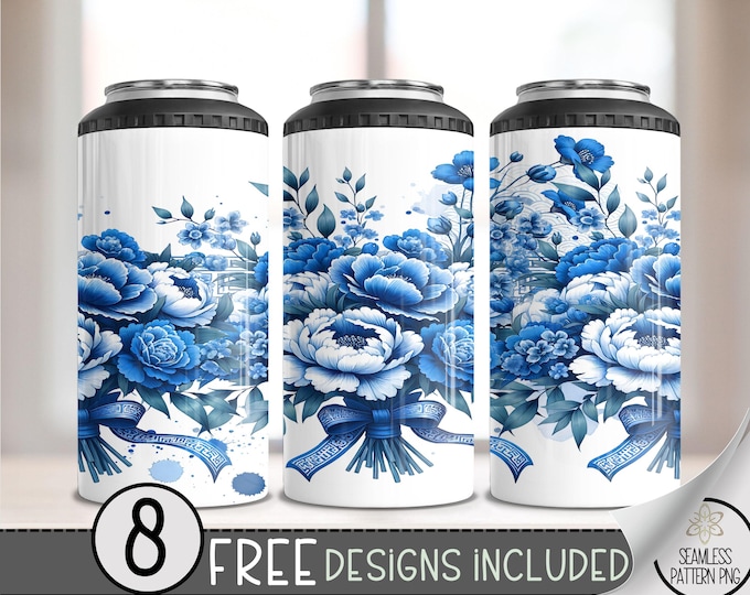 Floral 4 in 1 Can Cooler Wrap, Toile 4in1 Tumbler PNG,Preppy 16 Oz Can Cooler Sublimation Design,Chinoiserie Coquette Bow Hard Can PNG, A152
