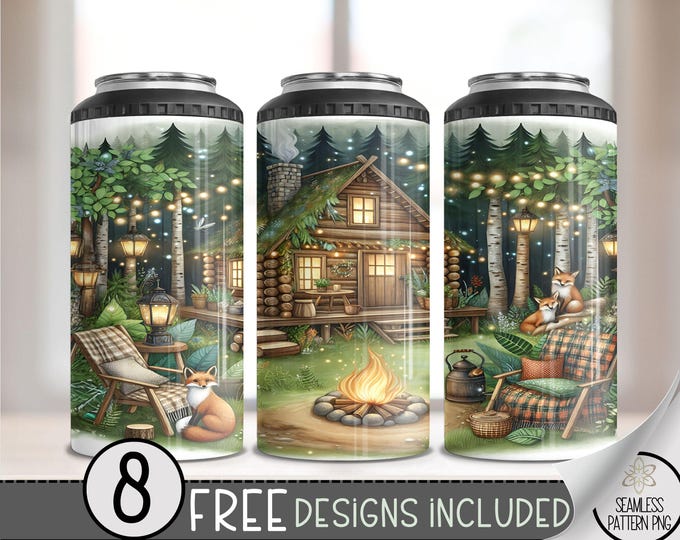 Cottagecore 4 in 1 Can Cooler Wrap, Glamping 4in1 Tumbler PNG, Log Cabin 16 Oz Can Cooler Sublimation Design,Forest Retreat Camp Fire Design