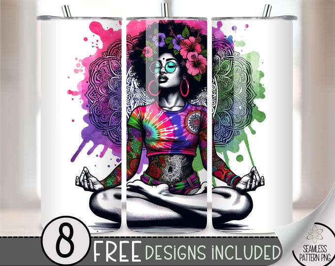 Black Woman Tumbler Wrap, Black Girl Sublimation Files, Hibiscus Mandala Tumbler PNG, Meditation 20oz Straight Tumbler Wrap, A113