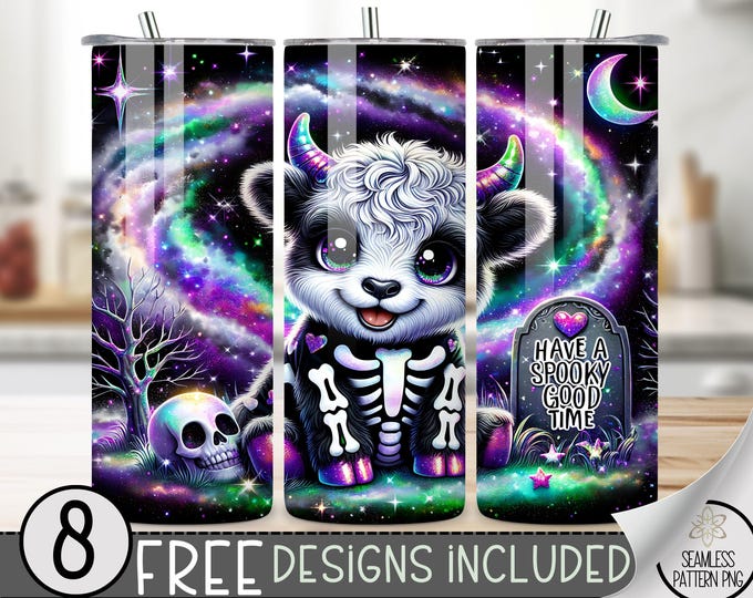 Cute Halloween Highland Cow 20 oz Skinny Tumbler Sublimation Design, Skeleton Highland Cow Tumbler Wrap, Galaxy Halloween Tumbler Wrap PNG
