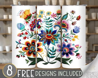 Mexican Embroidery Tumbler Wrap, Mexican 20 oz Tumbler Sublimation Designs, Floral Embroidery Tumbler File, Mexican Flower Tumbler Design