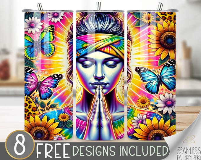 Sunflower Goddess Tumbler Wrap, Boho Hippie 20oz Sublimation PNG, Pray Tumbler Wrap PNG, Christian Tumbler Wrap File, Flower Leopard Tumbler