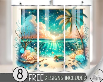 Beach Turtle Tumbler Wrap, Geometric Seashore 20oz Skinny Tumbler Sublimation Design, Coastal Tumbler Wrap File PNG Digital Download