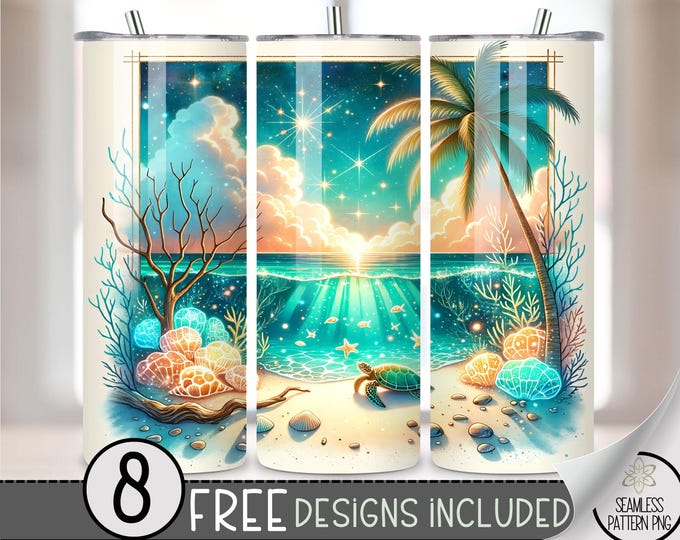 Beach Turtle Tumbler Wrap, Geometric Seashore 20oz Skinny Tumbler Sublimation Design, Coastal Tumbler Wrap File PNG Digital Download