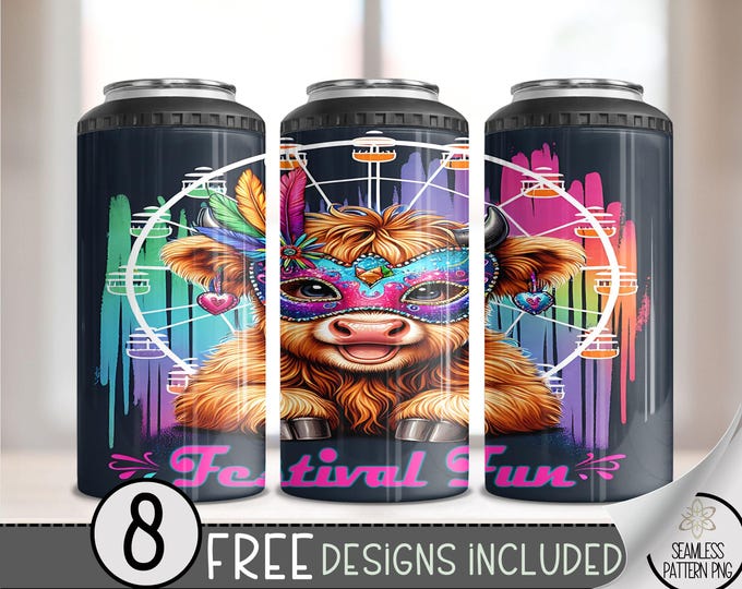 Highland Cow 4 in 1 Can Cooler Wrap, Mardi Gras 4 in 1 Tumbler PNG, Seamless Carnival Mask 16 Oz Can Cooler Sublimation Design, Festival PNG