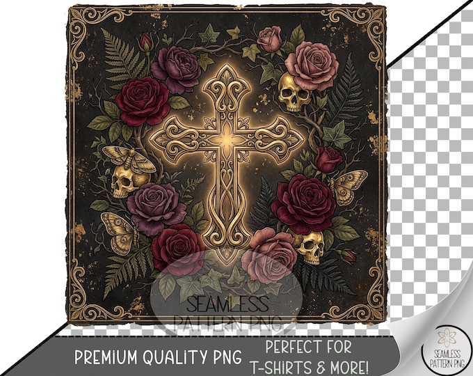 Gothic Cross Sublimation Design, Ornate Skulls UV DTF Graphic, Dark Romantic Clip Art, Digital Download, B10474