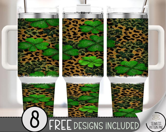 Glitter Clover PNG, St. Patrick's Day 40 oz Tumbler Wrap, Shamrock Sublimation Design, Glamorous Leopard Print, B872