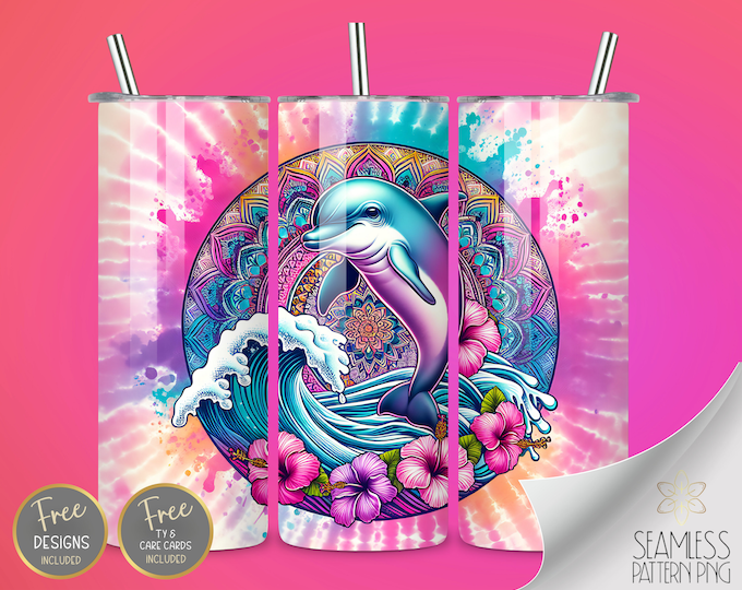 Dolphin tumbler wrap, Tropical Sublimation design, Hibiscus mandala tumbler wrap, Tie Dye wrap, 20oz straight tumbler wrap, Instant download