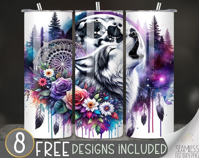 Howling Wolf Tumbler Wrap, Dreamcatcher Tumbler Wrap Mystical 20 oz Skinny Sublimation Watercolor Sublimation Boho Moon Dream Tumbler Wrap