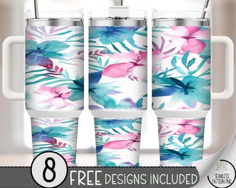 Tropical Floral 40 oz Tumbler Wrap PNG, Watercolor Flower Sublimation Design, Bright Summer Skinny Tumbler PNG Wrap for Sublimation A278